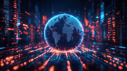Fototapeta premium A digital 3D model of globe with glowing arrows, representing global connectivity and technology..