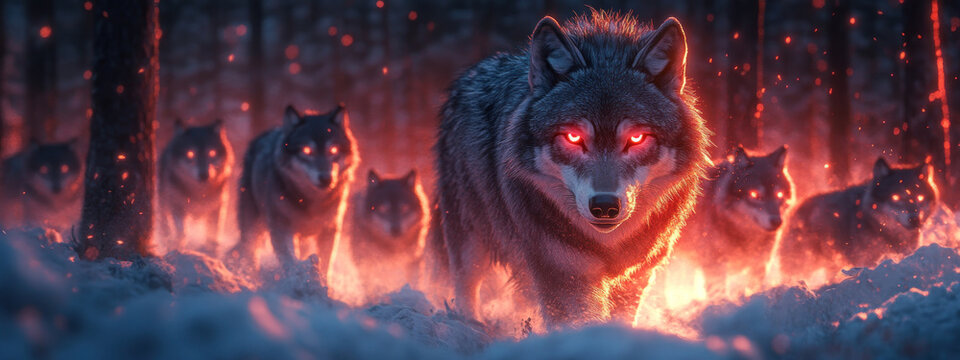 A fierce wolf leads pack through mystical, glowing forest, showcasing its striking red eyes amidst backdrop of ethereal light and shadows..