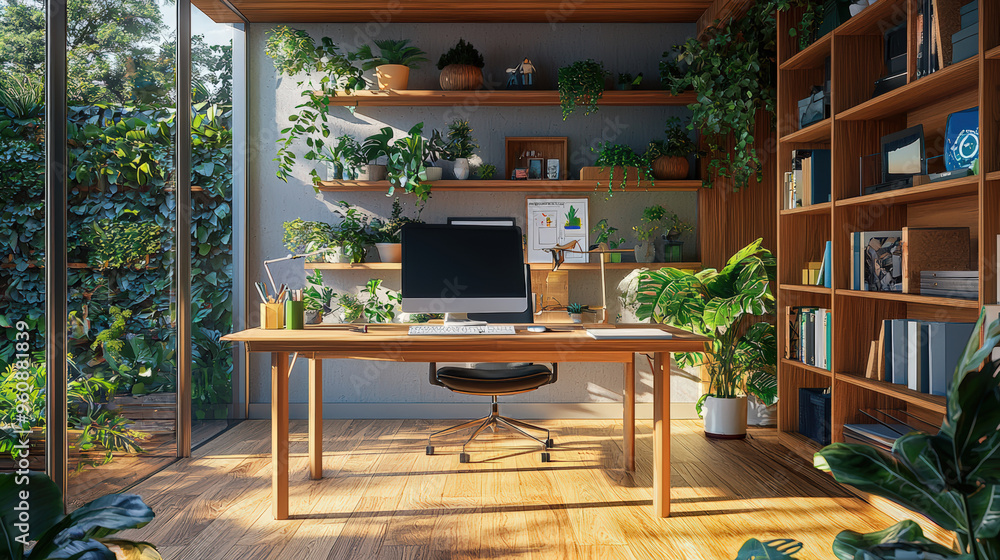 Canvas Prints home office with eco-friendly materials and smart home integration, reducing carbon footprint