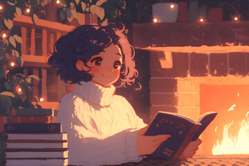Cozy Winter Evening: Girl reading a book by the fireplace surrounded by fairy lights and plush blankets. Anime style, Cozy vibes