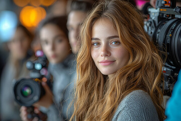 A female director managing a creative team during a high-stakes film shoot, guiding and inspiring them. Concept of creative leadership and collaboration.