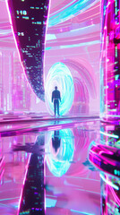 3D person silhouette stands in empty futuristic virtual reality space with glowing holographic curve neon lines and digital interfaces cyberpunk sci-fi fashion technology pink blue fun park poster