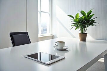 Fototapeta premium stark minimalist office environment with single tablet on white surface