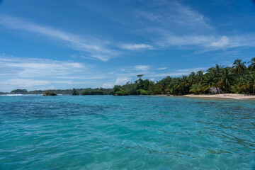 Clear Blue Water and Scenic Tropical Beach Surrounded by Palm Trees and Lush Nature - A Serene Island Paradise Offering Eco-Tourism and Adventure Travel in a Remote, Unspoiled Caribbean Destination