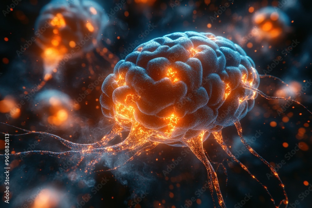 Poster a 3d rendering of a brain with glowing neurons and synapses, depicting the complexity of the human m