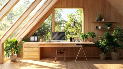 Fototapeta premium Home office with energy-saving insulation and solar panels, reducing overall energy consumption
