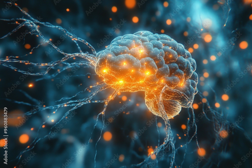 Poster a glowing digital brain with neural pathways and active areas.