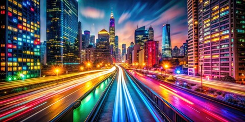 Fototapeta premium Vibrant colorful nighttime cityscape blurred lights speeding motion teenage excitement adventures windows rolled down