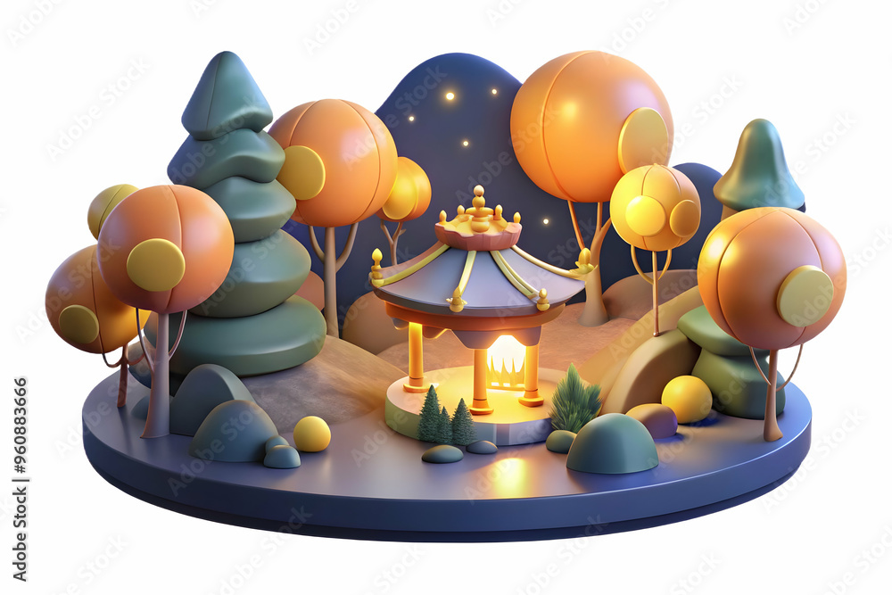 Aufkleber glossy forest clearing with lanterns: mystical mid autumn festival concept. illuminated scene with s