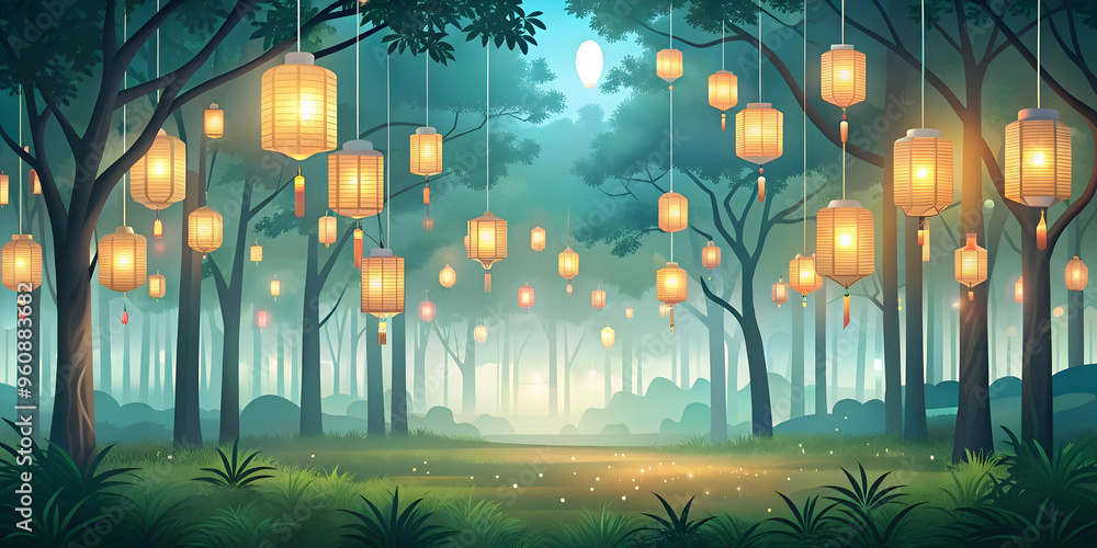 Aufkleber mystical forest clearing with lanterns | mid autumn festival background | flat vector business illus