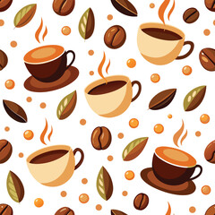 Obraz premium This seamless pattern showcases steaming cups of hot coffee scattered coffee beans and leaves perfect for creating a warm and inviting atmosphere