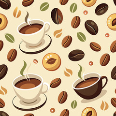 Obraz premium This design features an appealing arrangement of steaming coffee cups alongside roasted coffee beans creating a warm and inviting atmosphere