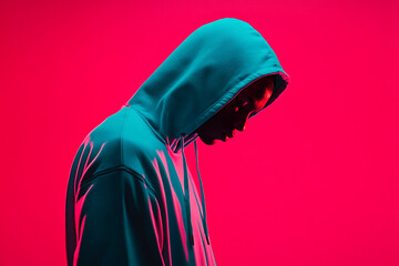 Fashionable Men in Neon Teal Hoodie with Solid Neon Pink Background Fashion Portrait