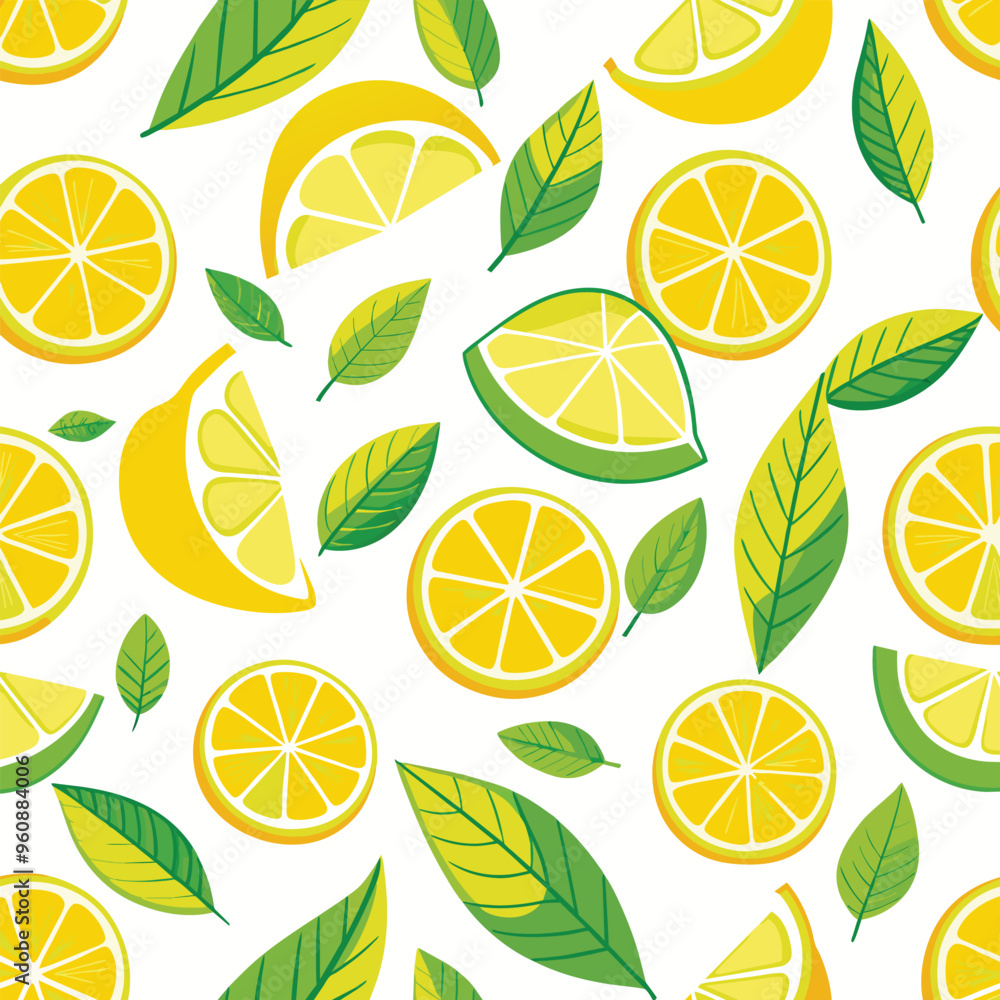 Poster this seamless pattern showcases bright lemon slices and green leaves against a white background idea