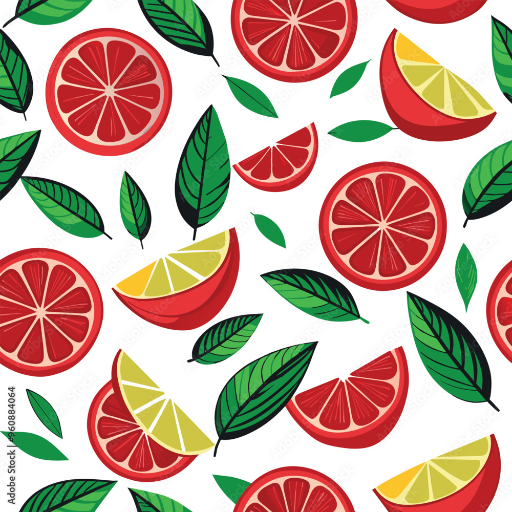 Aufkleber this seamless pattern showcases colorful lemon and lime slices interspersed with lively green leaves