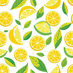 This seamless pattern showcases bright lemon slices and green leaves against a white background ideal for creating cheerful and refreshing designs