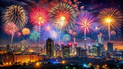 Fototapeta premium stunning aerial cityscape fireworks explosion vibrant colorful triumphant patriotic night