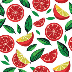 This seamless pattern showcases colorful lemon and lime slices interspersed with lively green leaves creating a fresh and appealing look ideal for designs