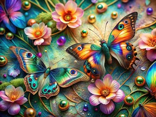 Whimsical Macro Fantasy: Revealing intricate, rainbow-hued details of iridescent butterflies, blossoms, and peacock feathers, with sharp focus and delicate, lacy textures.