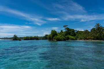 Clear Blue Water and Scenic Tropical Beach Surrounded by Palm Trees and Lush Nature - A Serene Island Paradise Offering Eco-Tourism and Adventure Travel in a Remote, Unspoiled Caribbean Destination