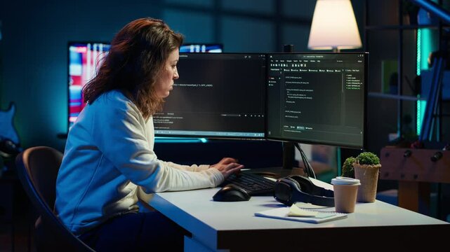 IT expert working from home developing software in JavaScript programming language using desktop PC. System engineer in living room writing lines of code on computer using keyboard, camera A