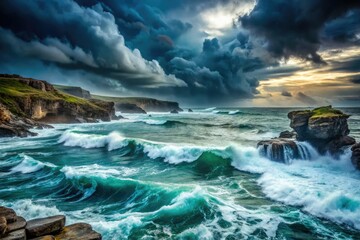Fototapeta premium dramatic stormy weather turbulent waves crashing rugged coastline moody dark greenish blue tones ominous foreboding atmosphere