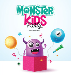 Halloween monster kids party vector card design. Halloween monster party text with party elements and purple creature scary character in gift box for holiday season invitation card. Vector 