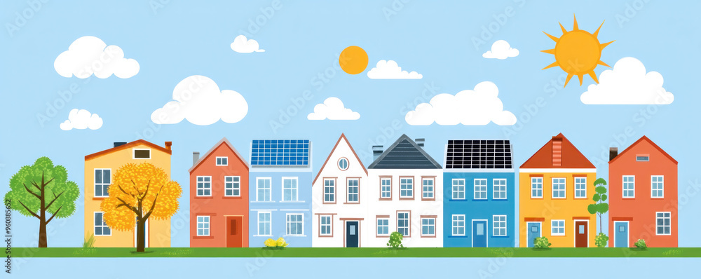 Poster a row of houses with a tree in front of them. the houses are of different colors and sizes. the sky 