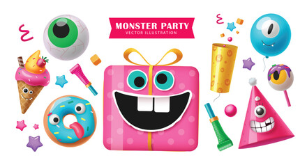 Halloween monster party elements vector set design. Halloween festive decoration elements like cute gift box, scary birthday hat, balloon and lollipop isolated in white background. Vector illustration © Zeinous