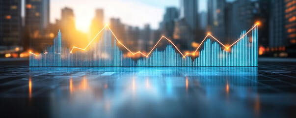 Naklejka premium A graph of a city skyline with a sun in the background. The graph is blue and orange