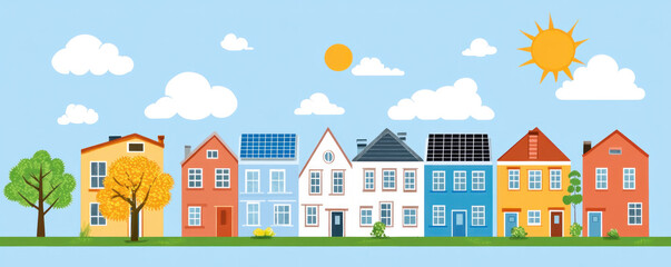 A row of houses with a tree in front of them. The houses are of different colors and sizes. The sky is blue with a few clouds