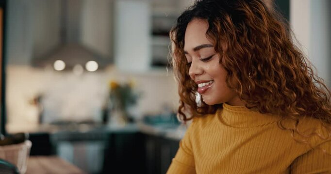 Happy woman, home and laptop in kitchen with smile for social media, online ebook or networking. Lady, remote work and internet or research for entertainment, communication or freelance blog post