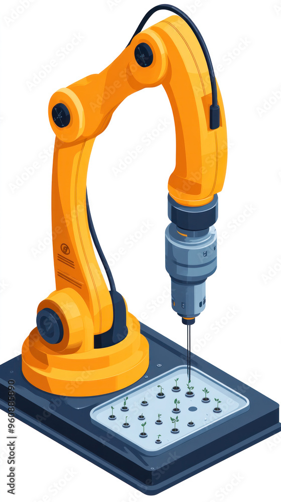 Poster a robot is shown with a drill in its hand. the robot is orange and has a long arm
