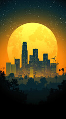 Fototapeta premium A city skyline with a large yellow moon in the background. The city is lit up at night, creating a warm and inviting atmosphere