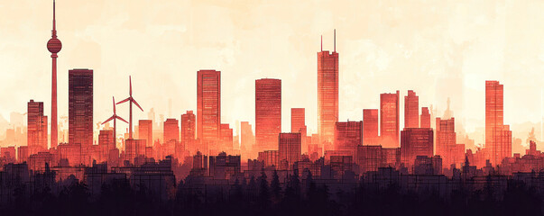 Fototapeta premium A city skyline with a windmill in the background. The city is orange and the sky is pink