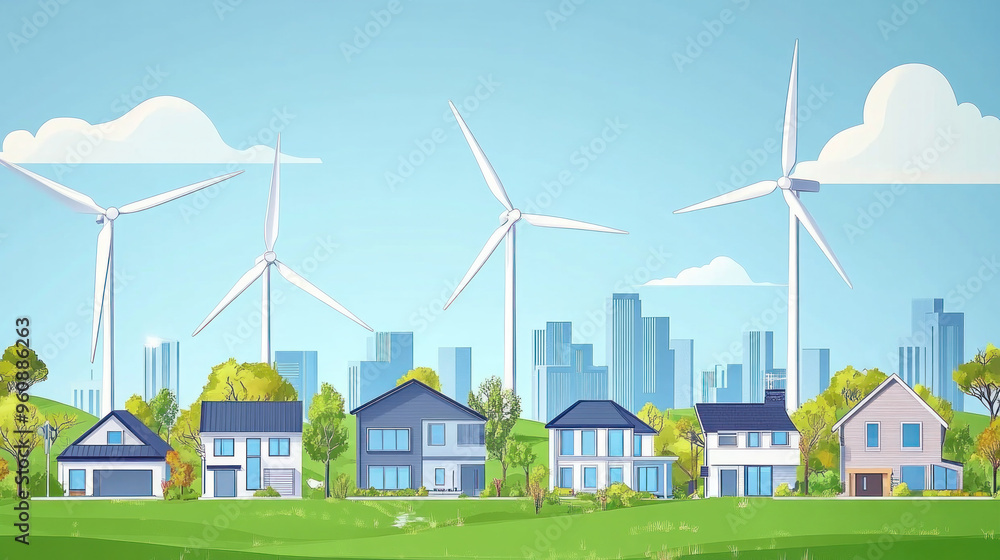 Poster a row of wind turbines are shown in front of a city. the turbines are all different sizes and are lo