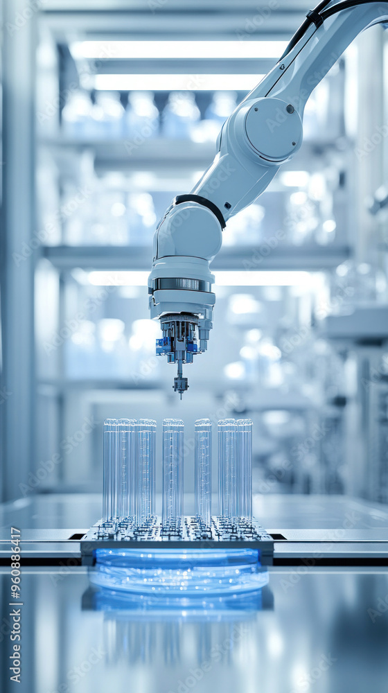 Poster a robot is pouring liquid into a row of test tubes. the scene is set in a laboratory, with the robot