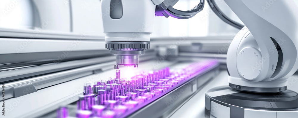 Poster a robot is working on a machine that is producing purple objects. the robot is focused on its task a