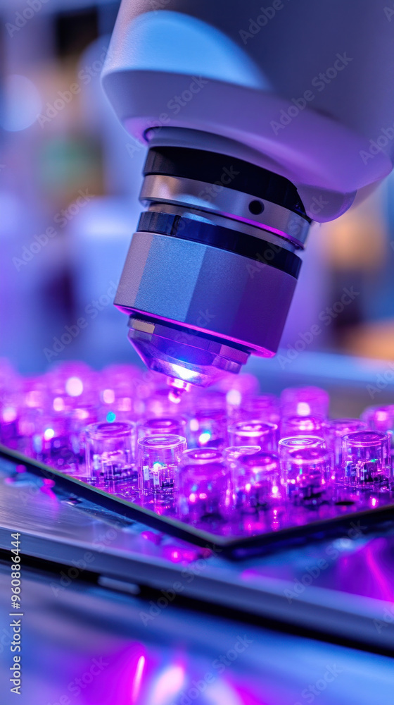 Poster a microscope is focused on a purple object. the object is a cluster of small, purple objects. concep