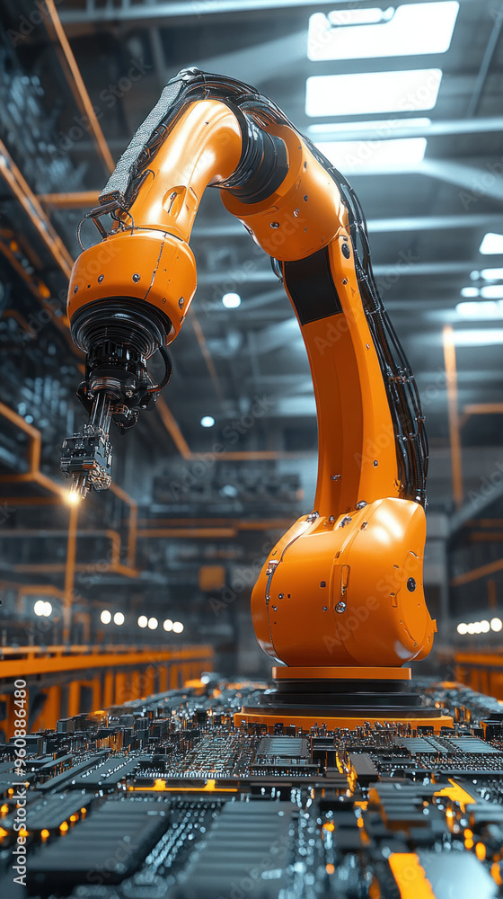 Aufkleber a robot is standing in a factory with a lot of wires and machinery. the robot is orange and has a lo