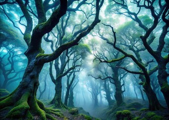 dark mysterious vertical forest atmosphere ancient twisted tree limbs eerie foggy morning misty gray blue tone
