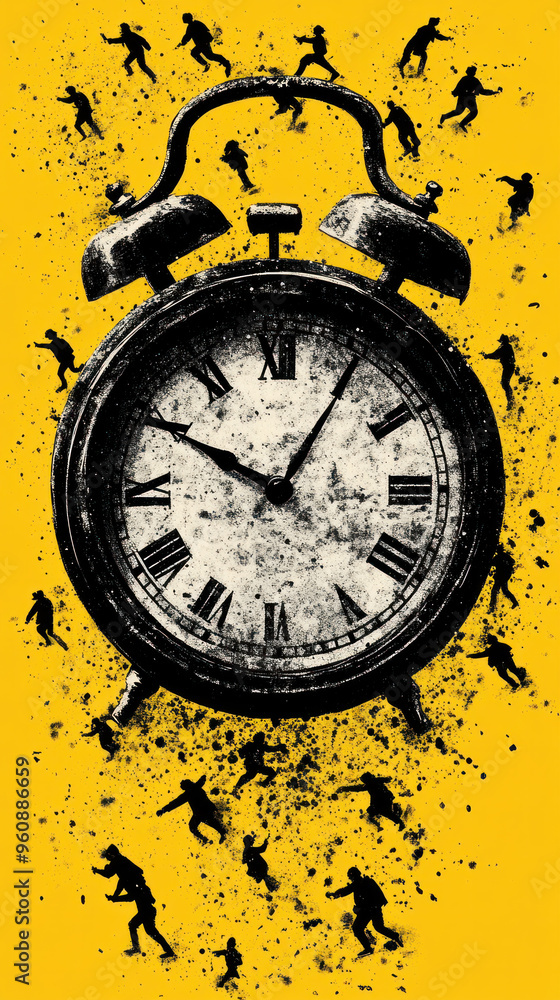 Poster a clock with roman numerals showing the time of 11:30. the clock is surrounded by a group of people,