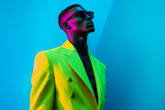 Modern Men in Neon Green Suit with Solid Neon Blue Background Bold Fashion Portrait
