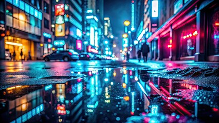 Fototapeta premium Crushed font on retro neon signs reflected in rainy city streets at night in moody blue tones sharp focus shallow depth