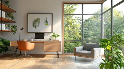 Fototapeta premium Home office with smart temperature control and energy-efficient insulation, promoting a green lifestyle