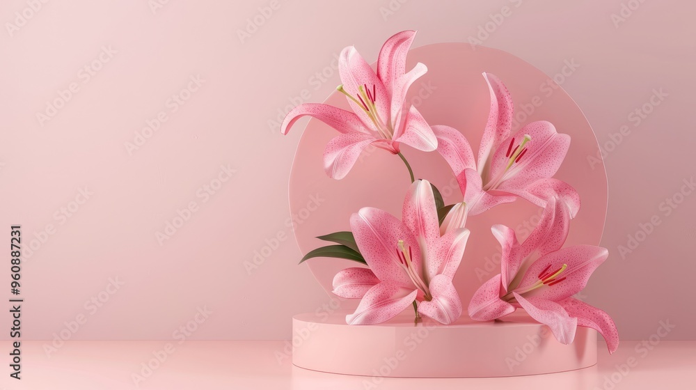 Poster Display with pink lily podium, circular floral setting on pink backdrop for showcasing cosmetics and perfume