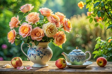 Summer Afternoon Peach Roses in Antique China Vase