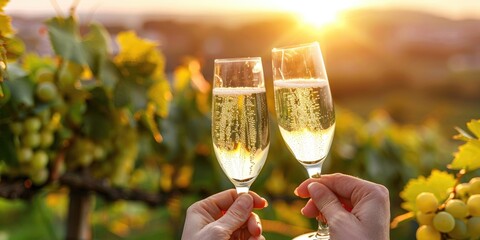Raising a toast at sunset with glasses of Champagne in a vineyard, captured in silhouette.