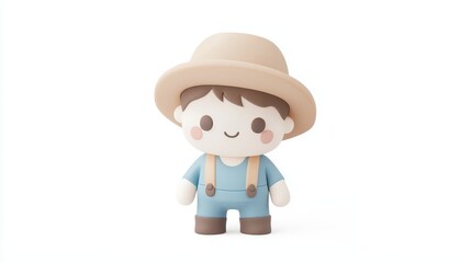 Cute  D Cartoon Boy Character Wearing Hat and Overalls
