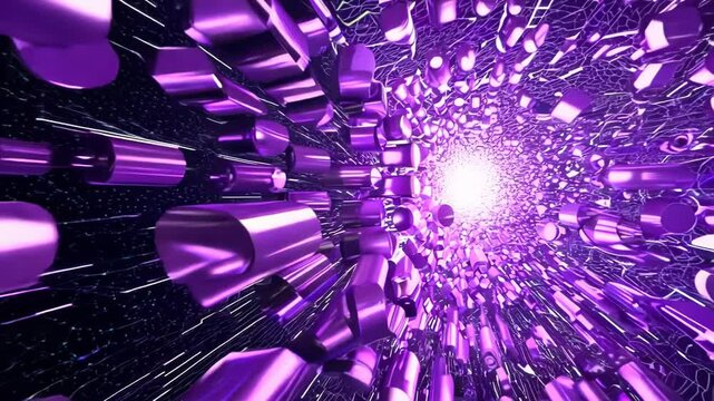 Purple cylinders float in abstract void. Camera zooms out from holographic construct, revealing multidimensional layers. Pulsating forms interconnected by plasma streams against cosmic backdrop. 